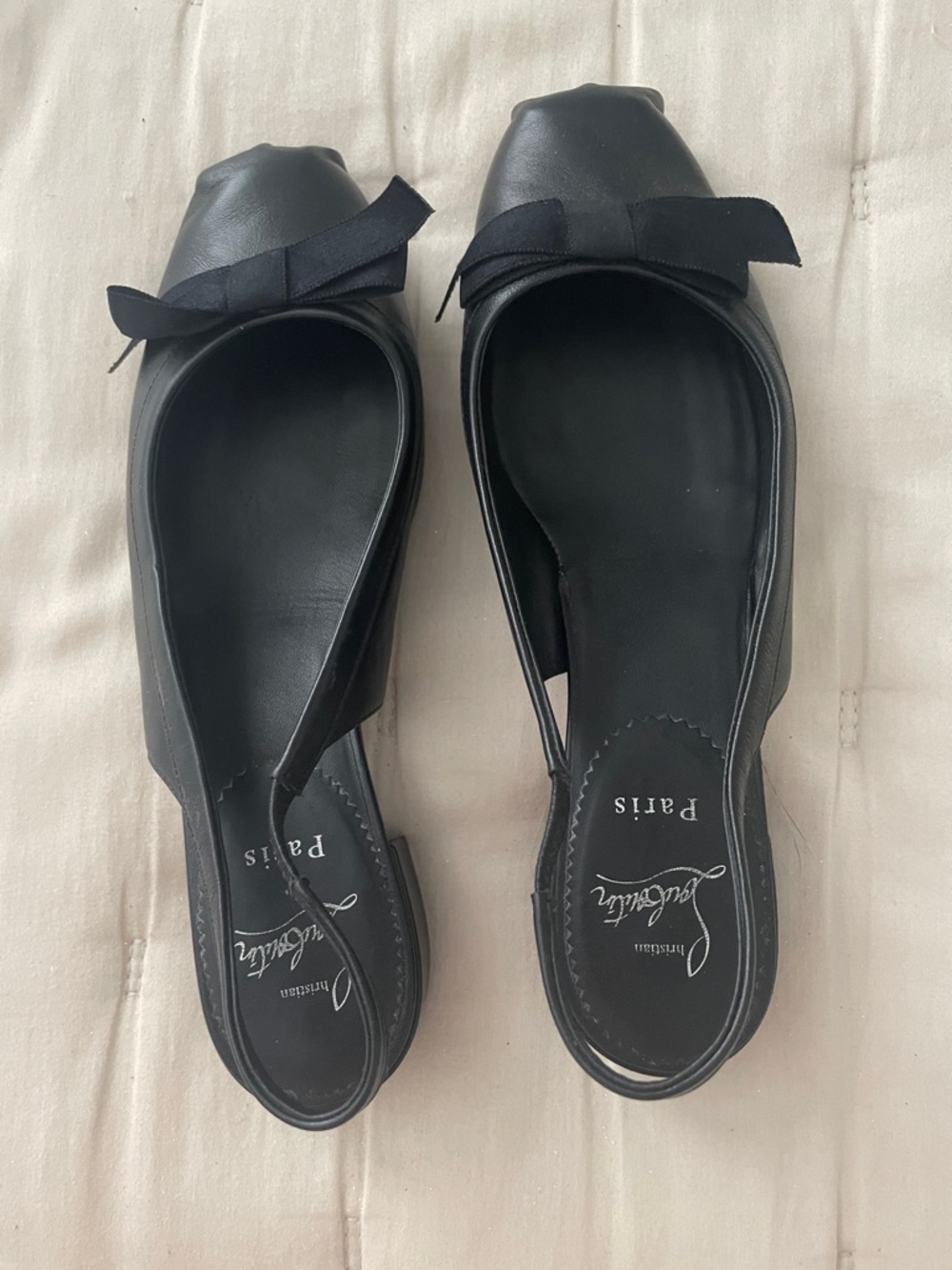 Christian Louboutin Black Leather Bow Slingback Flats